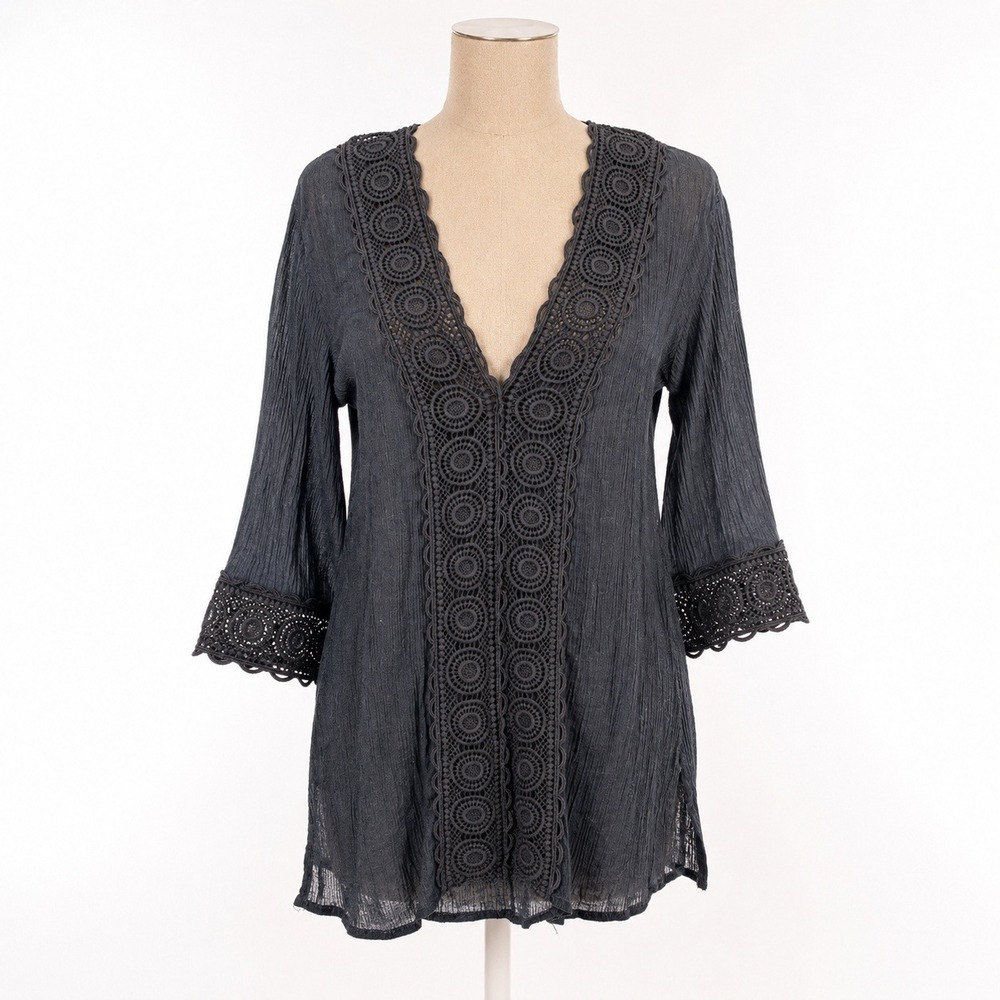 Whimsigoth Crochet Lace Crinkle Gauze Top SIze S Black Witchy Boho Dark Romantic